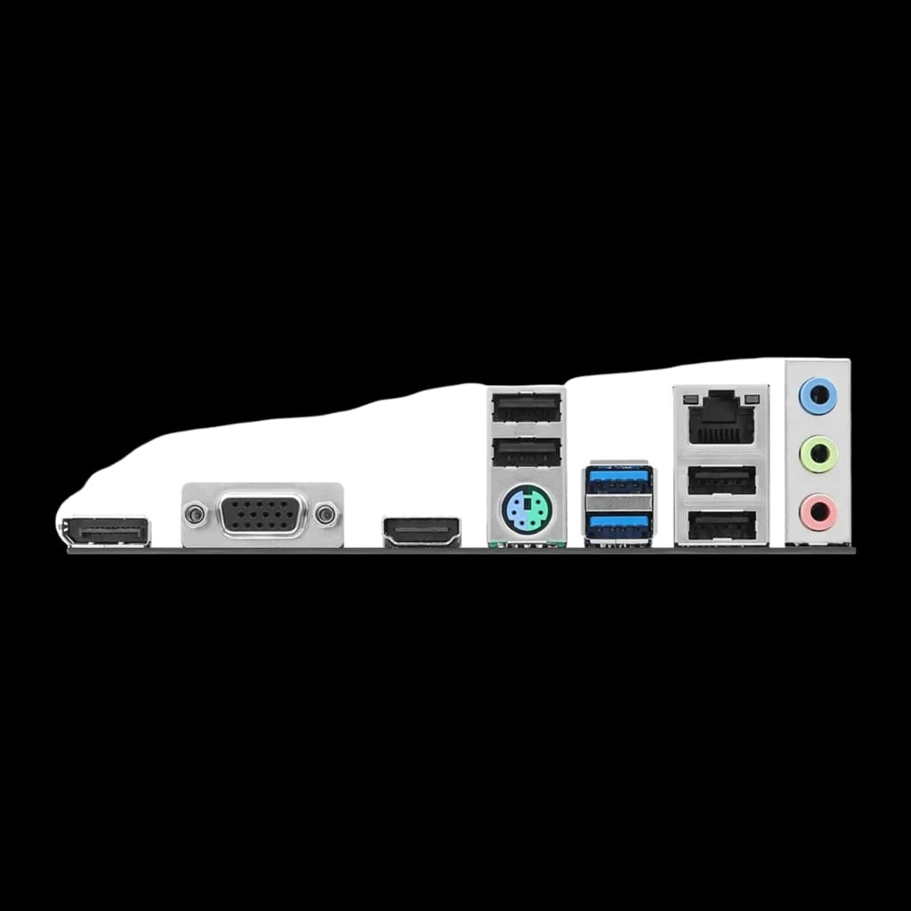 ASRock H610M-HDV/M.2 D5 Gen5 128GB, panneau arrière: ports VGA, HDMI, DisplayPort, PS/2, USB 3.0, Ethernet et audio
