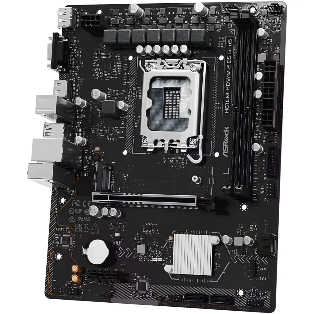 ASRock H610M-HDV/M.2 D5 Gen5 128GB, vista com caixa: placa-mãe Micro ATX preta ao lado da embalagem - Item2
