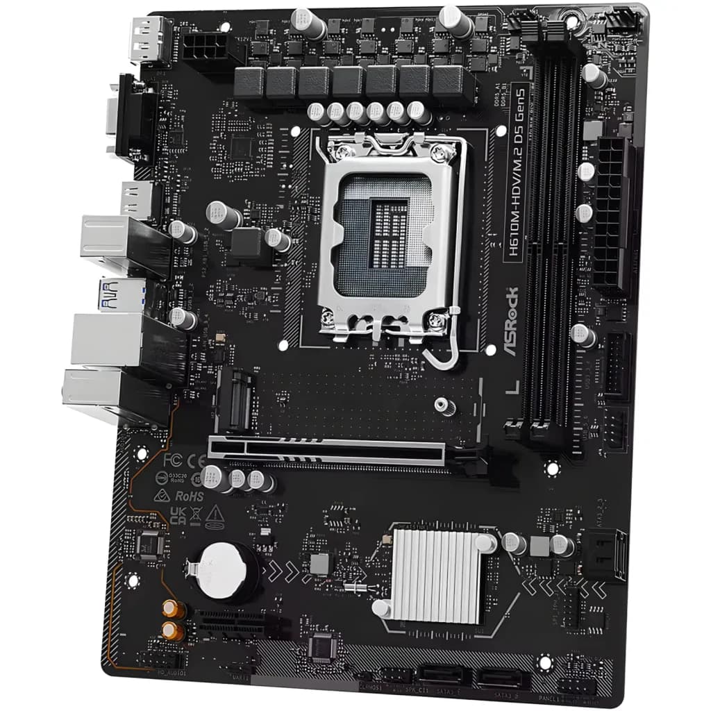ASRock H610M-HDV/M.2 D5 Gen5 128GB noir, vue diagonale: socket LGA1700, slots DDR5 et dissipateur M.2 visibles