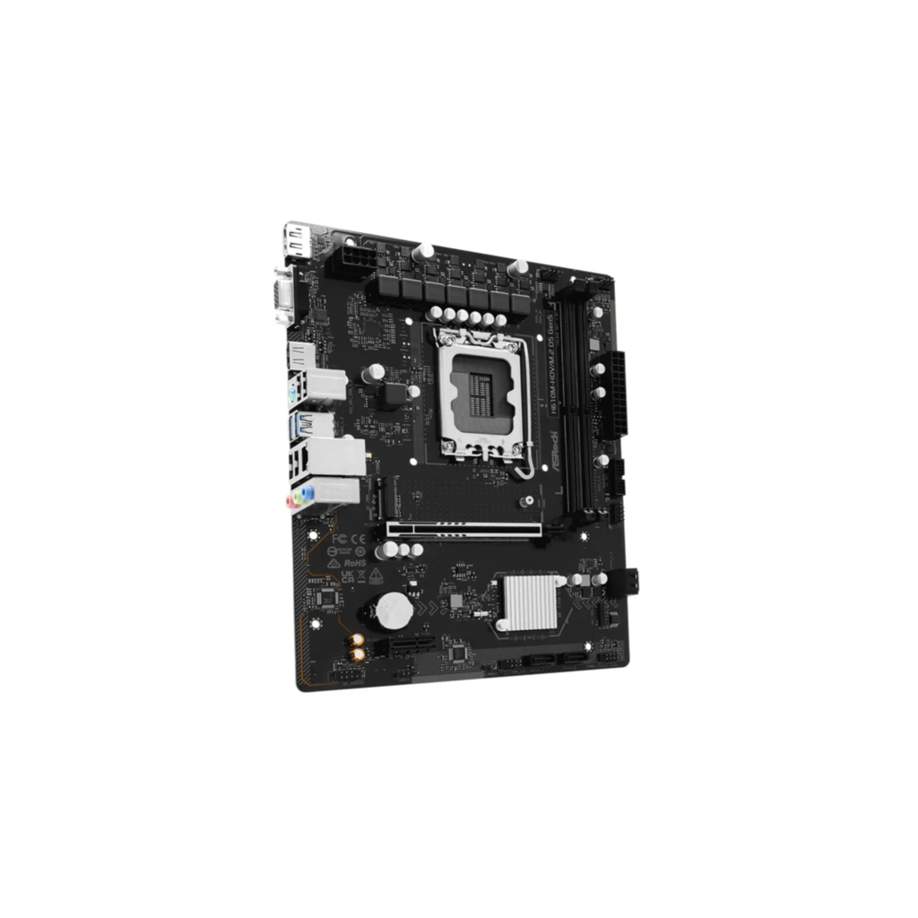 ASRock H610M-HDV/M.2 D5 Gen5 128GB, vista com caixa: placa-mãe Micro ATX preta ao lado da embalagem - Item3