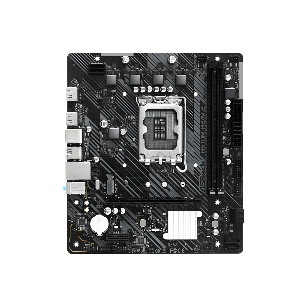 ASRock H610M-HDV/M.2 D5 Gen5 128GB, vista com caixa: placa-mãe Micro ATX preta ao lado da embalagem - Item1
