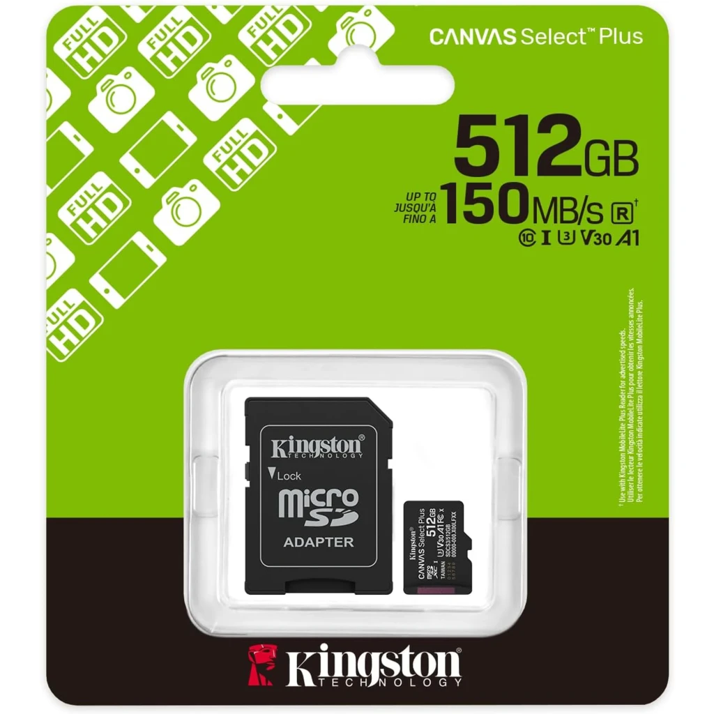 Kingston Canvas Select Plus 512GB negro, vista frontal: tarjeta microSD negra y adaptador SD negro con etiqueta Kingston - Ítem2