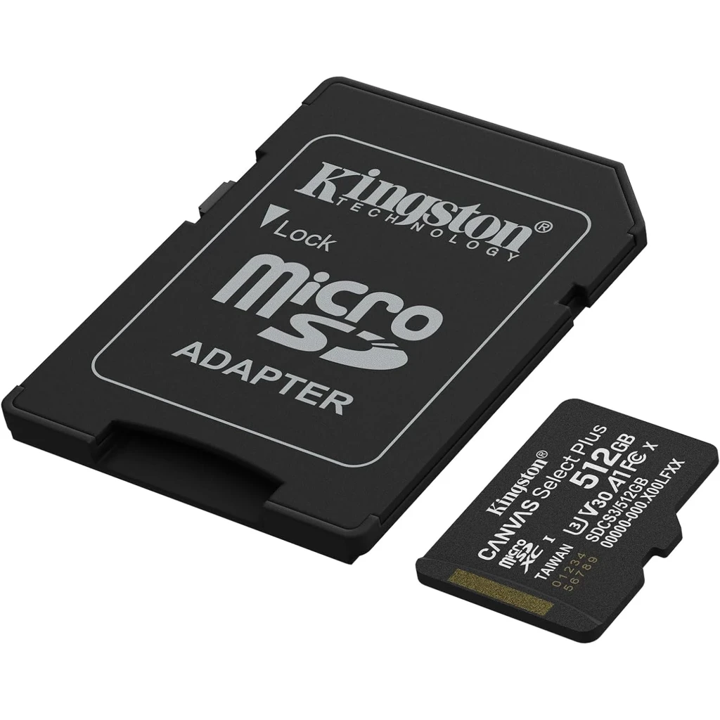 Kingston Canvas Select Plus 512GB negro, vista frontal: tarjeta microSD negra y adaptador SD negro con etiqueta Kingston - Ítem1