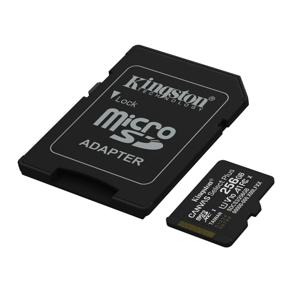 Kingston Canvas Select Plus microSDXC 256GB negro, kit frontal: adaptador SD centrado y tarjeta micro en vertical a la - Ítem1