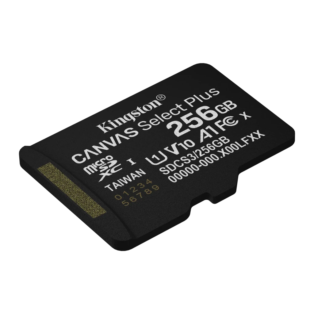 Kingston Canvas Select Plus microSDXC 256GB negro, kit frontal: adaptador SD centrado y tarjeta micro en vertical a la - Ítem3