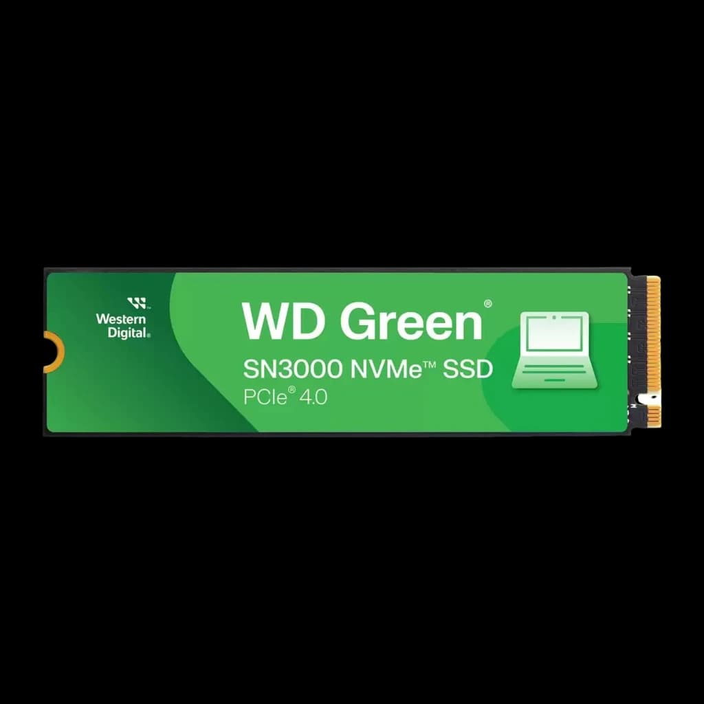 WD Green SN3000 500GB verde, vista frontal: SSD M.2 NVMe PCIe 4.0 com etiqueta verde e conector dourado