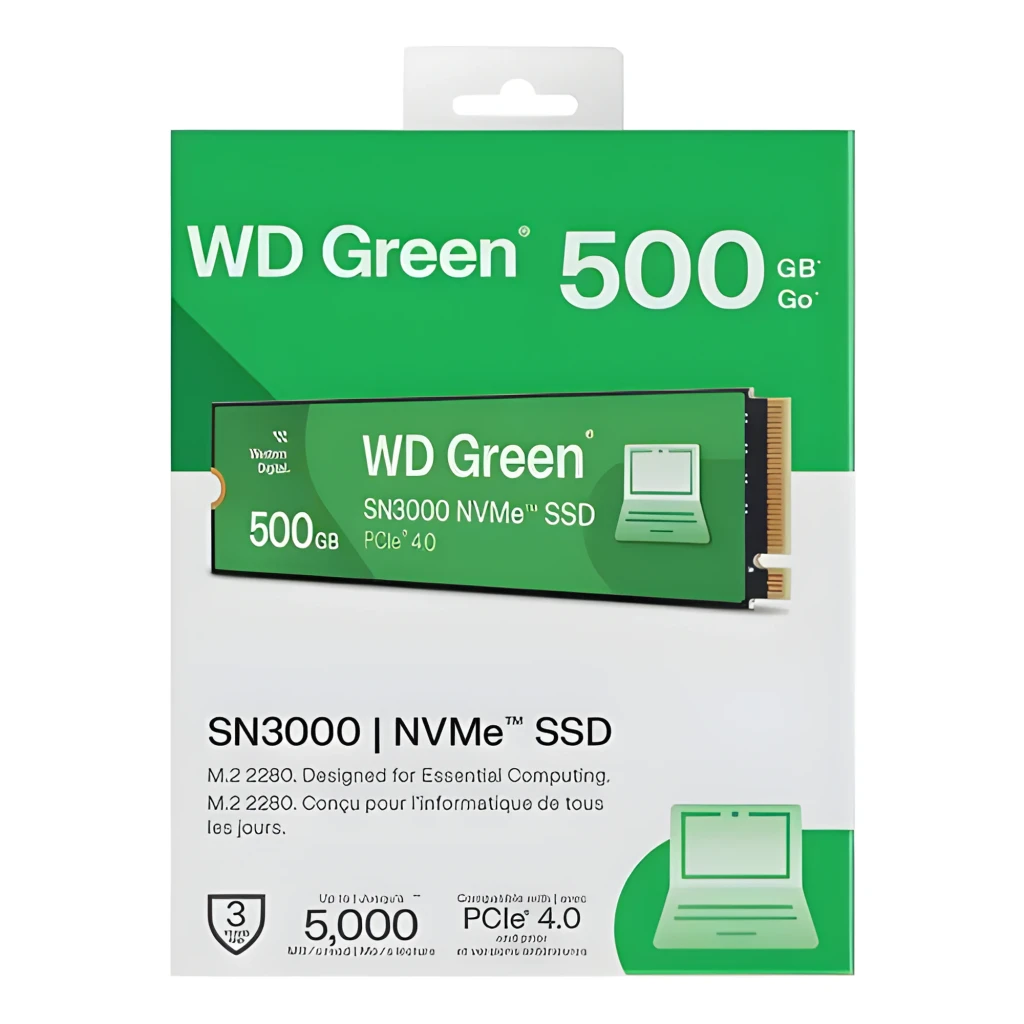 WD Green SN3000 500GB vert, vue de face: SSD M.2 NVMe PCIe 4.0 avec étiquette verte et connecteur doré - Ítem3