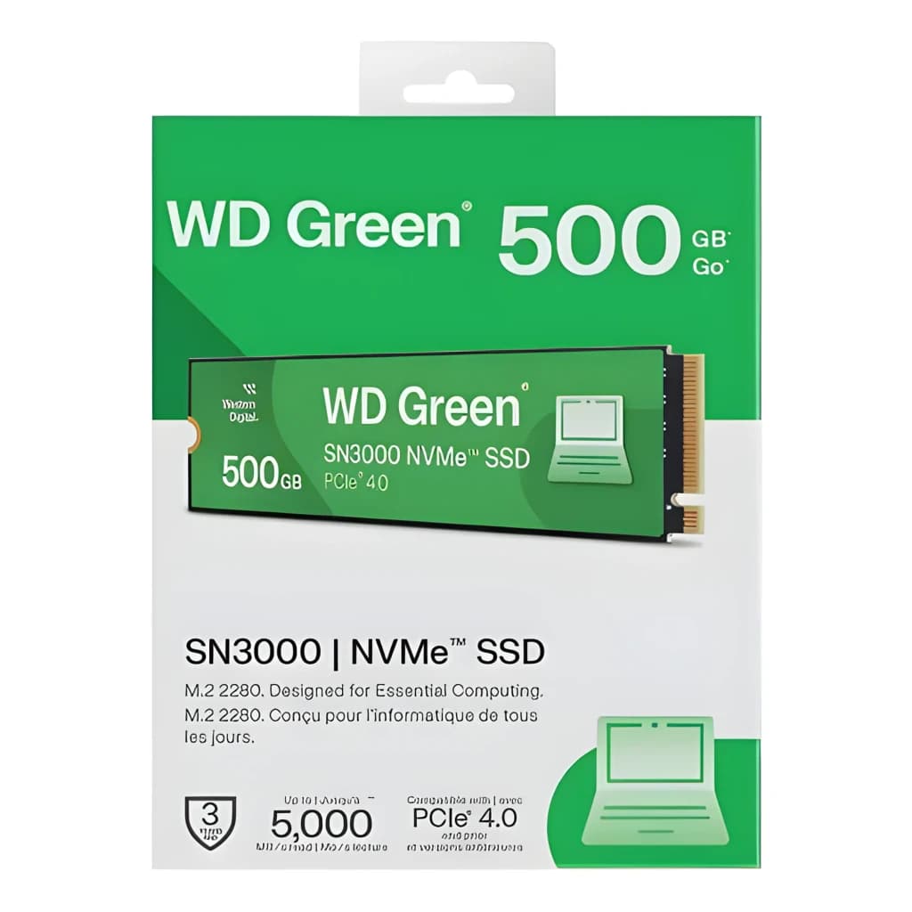 WD Green SN3000 500GB verde, caixa frontal: embalagem verde com SSD M.2 visível, especificações PCIe 4.0 e 5000 MB/s
