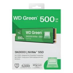 WD Green SN3000 500GB verde, caixa frontal: embalagem verde com SSD M.2 visível, especificações PCIe 4.0 e 5000 MB/s