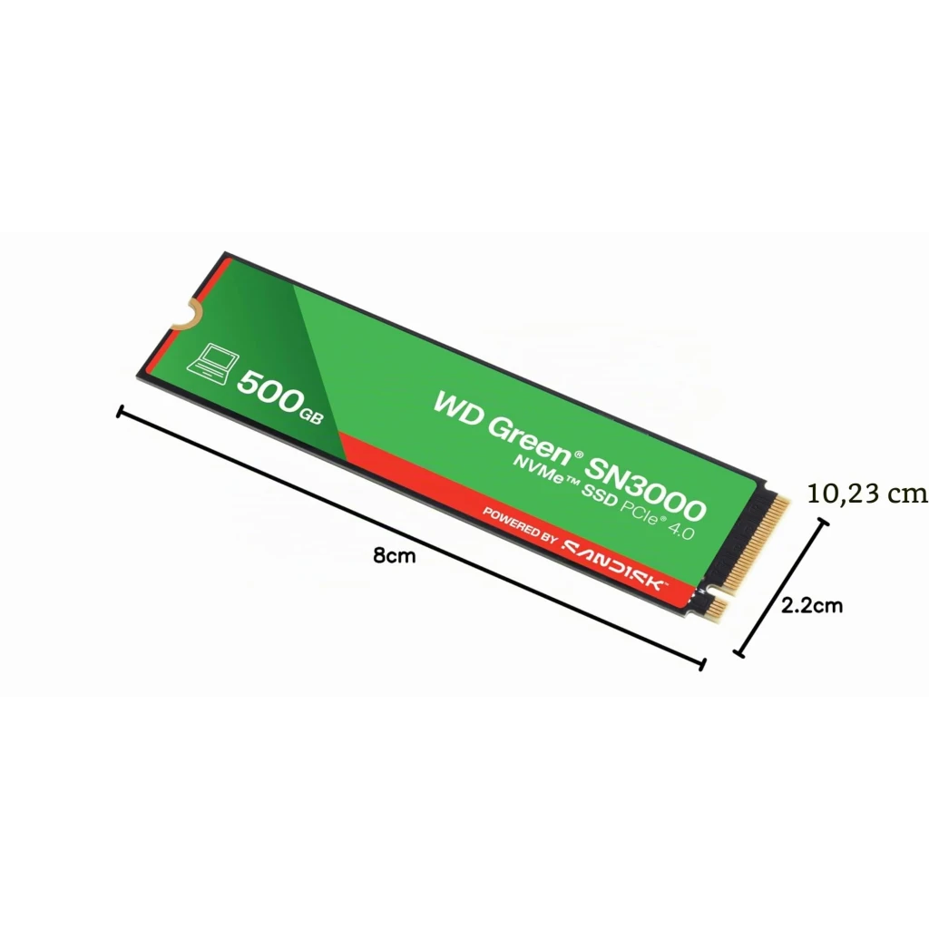 WD Green SN3000 500GB vert, vue de face: SSD M.2 NVMe PCIe 4.0 avec étiquette verte et connecteur doré - Ítem2