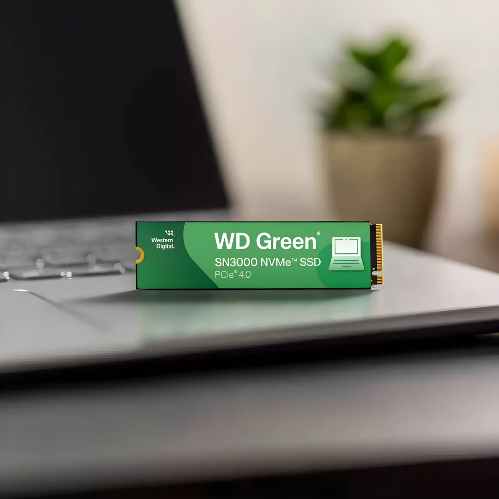 WD Green SN3000 500GB vert, vue de face: SSD M.2 NVMe PCIe 4.0 avec étiquette verte et connecteur doré - Ítem4