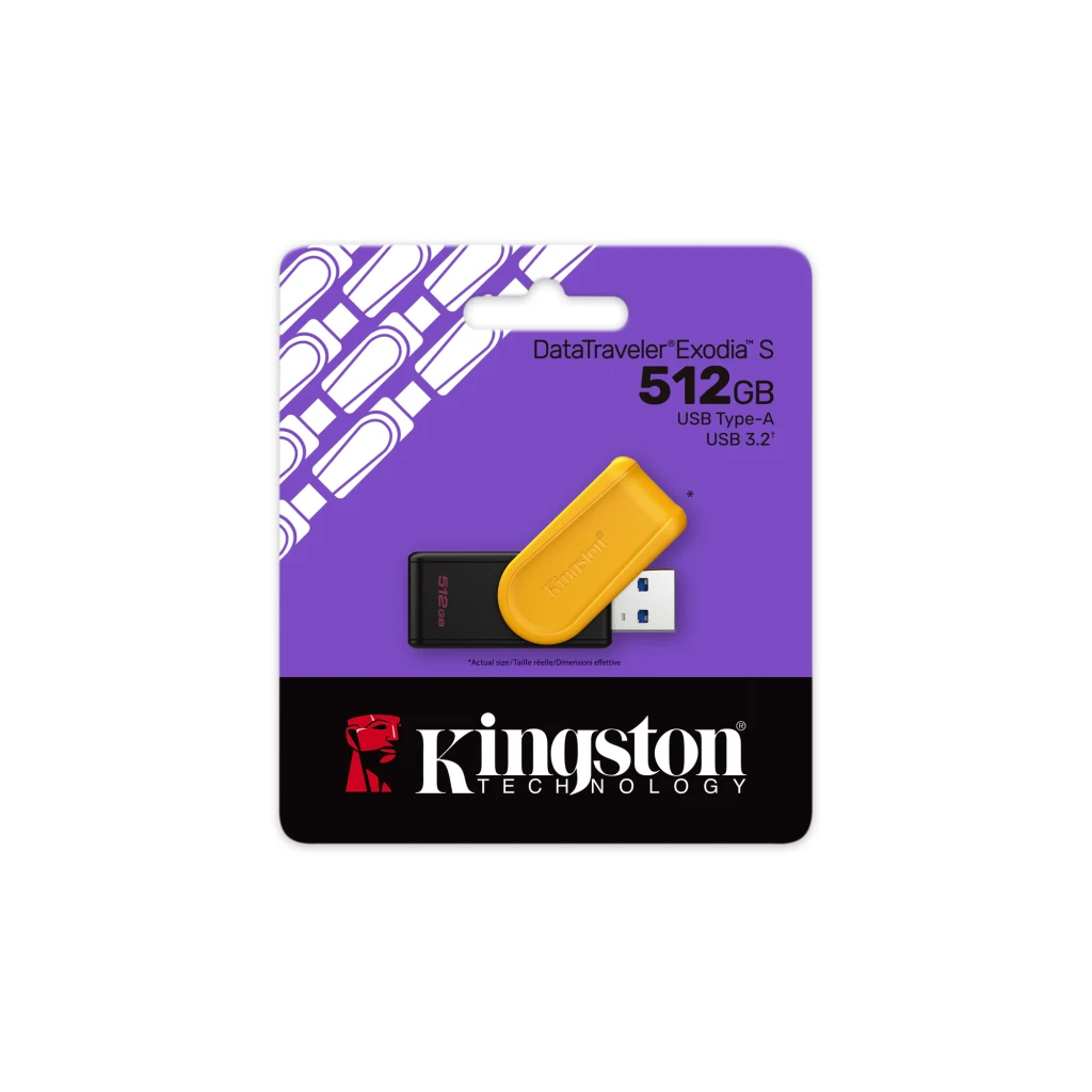Kingston DataTraveler Exodia S 512GB negro amarillo, vista frontal: cuerpo negro con tapa deslizante amarilla y logo Kingston - Ítem2