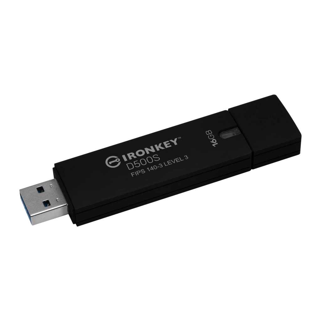 Kingston IronKey D500S 16GB negro, vista trasera plana: logo Kingston, código de barras y certificaciones CE FC en la carcasa - Ítem2