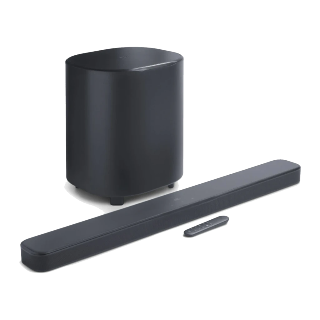 JBL Bar 500 MK2 5.1 noir, kit en perspective: barre, caisson de basses cylindrique sans fil et télécommande - Ítem2