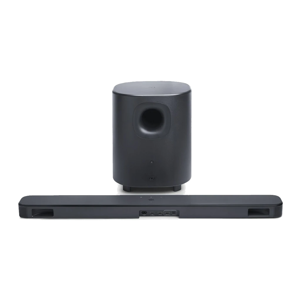 JBL Bar 500 MK2 5.1 noir, kit en perspective: barre, caisson de basses cylindrique sans fil et télécommande - Ítem3