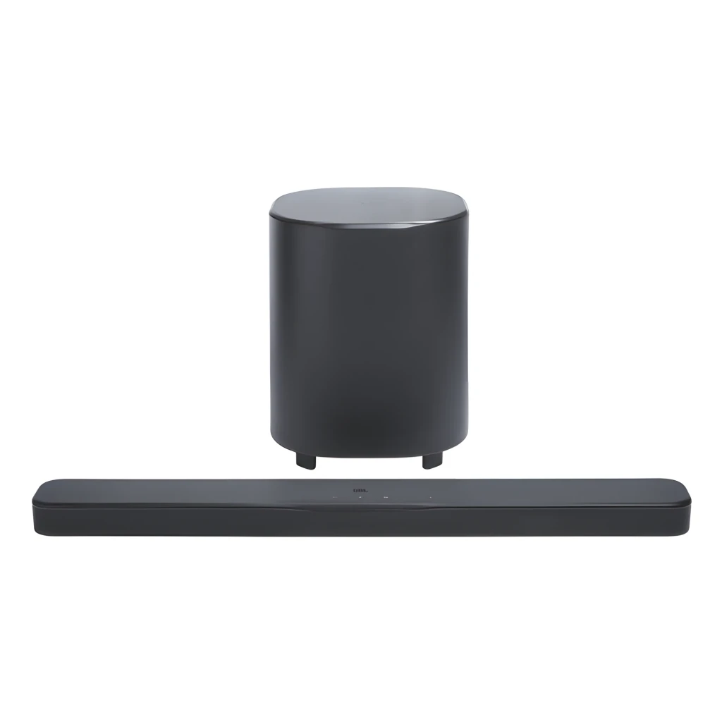 JBL Bar 500 MK2 5.1 noir, kit en perspective: barre, caisson de basses cylindrique sans fil et télécommande - Ítem1