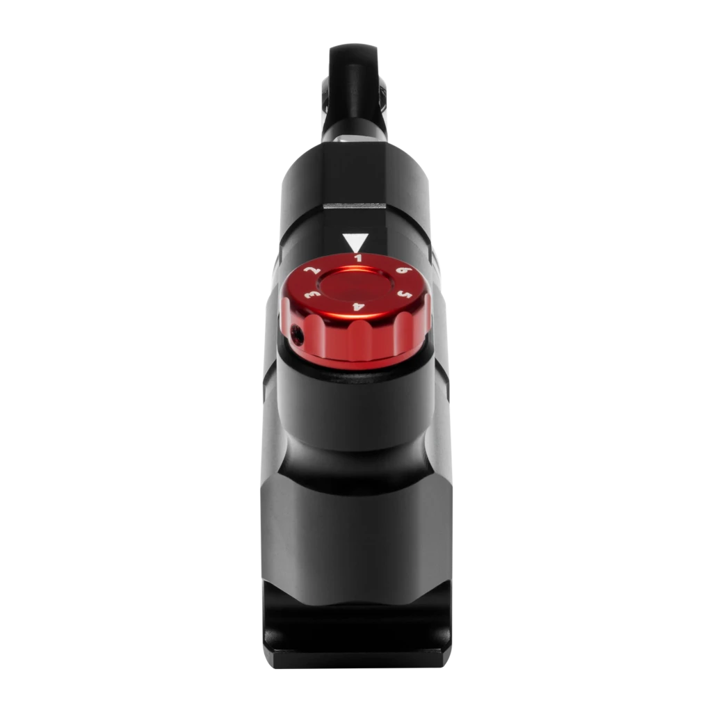 Simagic P-HTS preto, vista lateral em perspectiva: cilindro hidráulico completo com dial vermelho ajustável, haste e rotula - Item2
