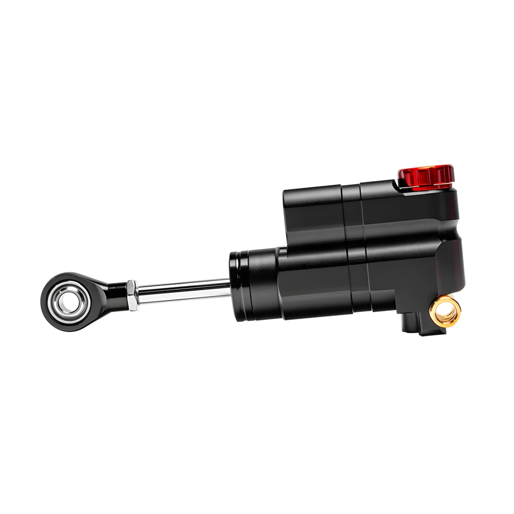 Simagic P-HTS preto, vista lateral em perspectiva: cilindro hidráulico completo com dial vermelho ajustável, haste e rotula - Item1