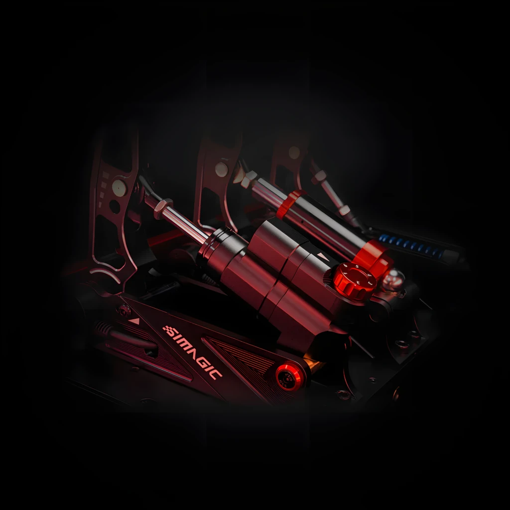 Simagic P-HTS preto, vista lateral em perspectiva: cilindro hidráulico completo com dial vermelho ajustável, haste e rotula - Item4