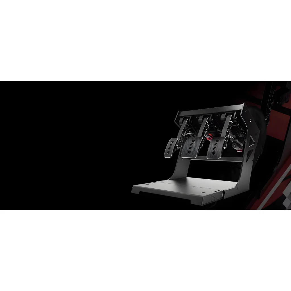 Simagic P-HTS preto, vista lateral em perspectiva: cilindro hidráulico completo com dial vermelho ajustável, haste e rotula - Item5