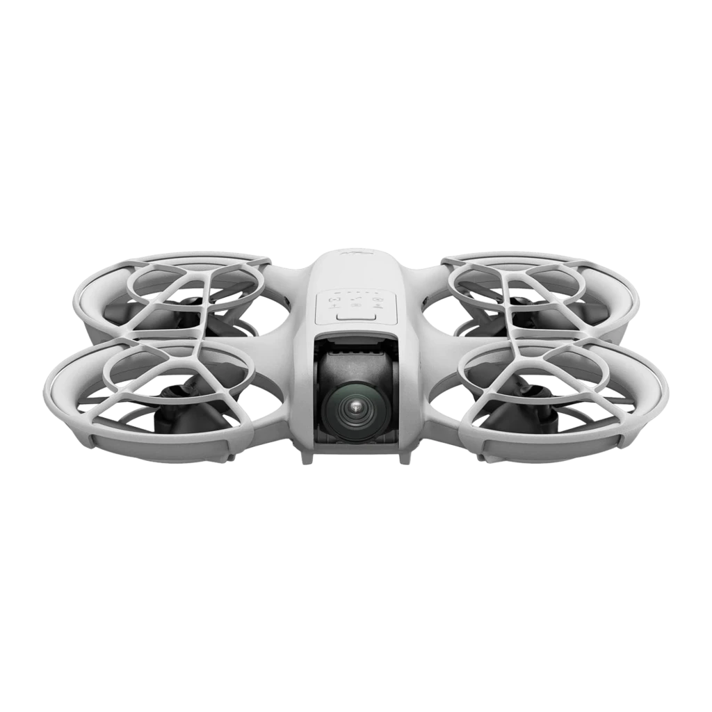 DJI Drone Neo 4K 22GB Blanco, vista en perspectiva: logo NEO visible en lateral, cámara y protectores de hélices en ángulo - Ítem1