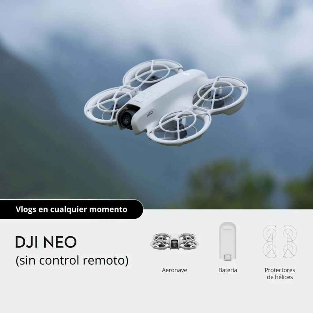 DJI Drone Neo 4K 22GB Blanco, vista en perspectiva: logo NEO visible en lateral, cámara y protectores de hélices en ángulo - Ítem5