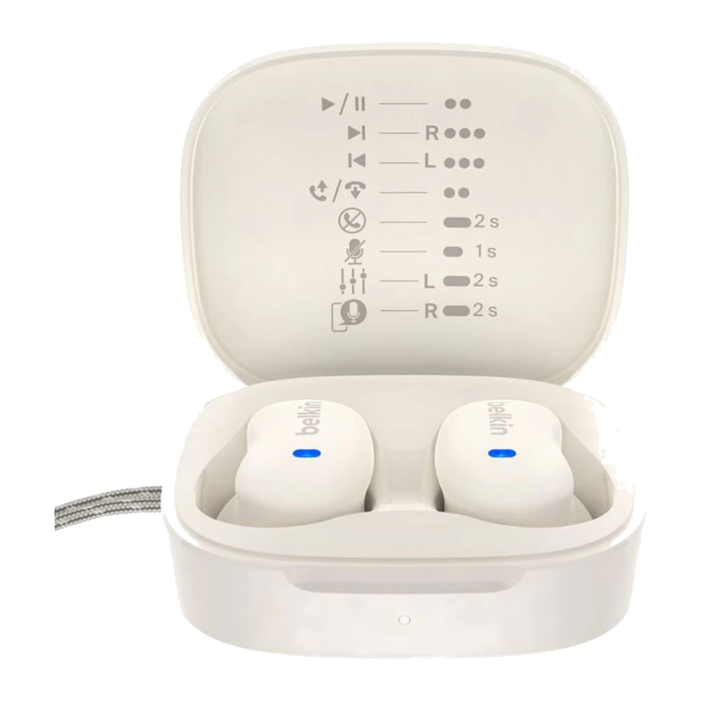 Belkin SoundForm Anywhere Branco, vista detalhe: estojo aberto com pinos de carga, auriculares e mosquetão lateral - Item1