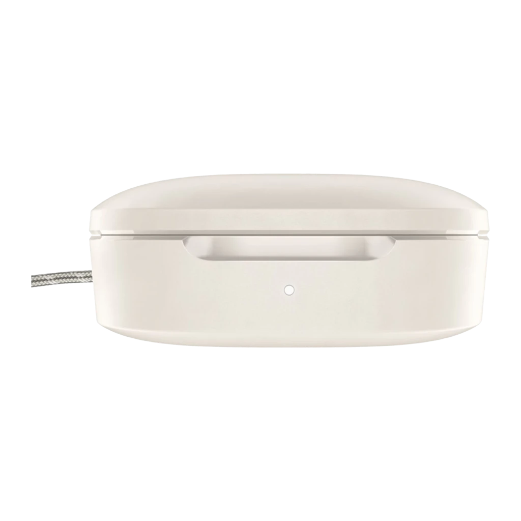 Belkin SoundForm Anywhere Branco, vista detalhe: estojo aberto com pinos de carga, auriculares e mosquetão lateral - Item2