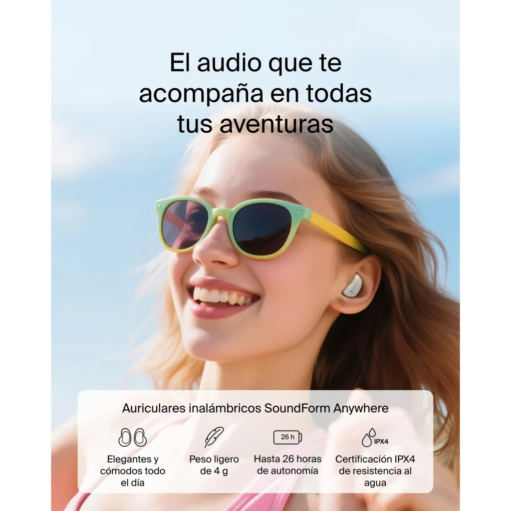 Belkin SoundForm Anywhere Branco, vista detalhe: estojo aberto com pinos de carga, auriculares e mosquetão lateral - Item5