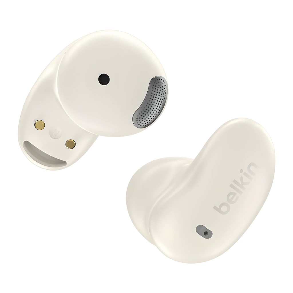 Belkin SoundForm Anywhere Branco, vista detalhe: estojo aberto com pinos de carga, auriculares e mosquetão lateral - Item4