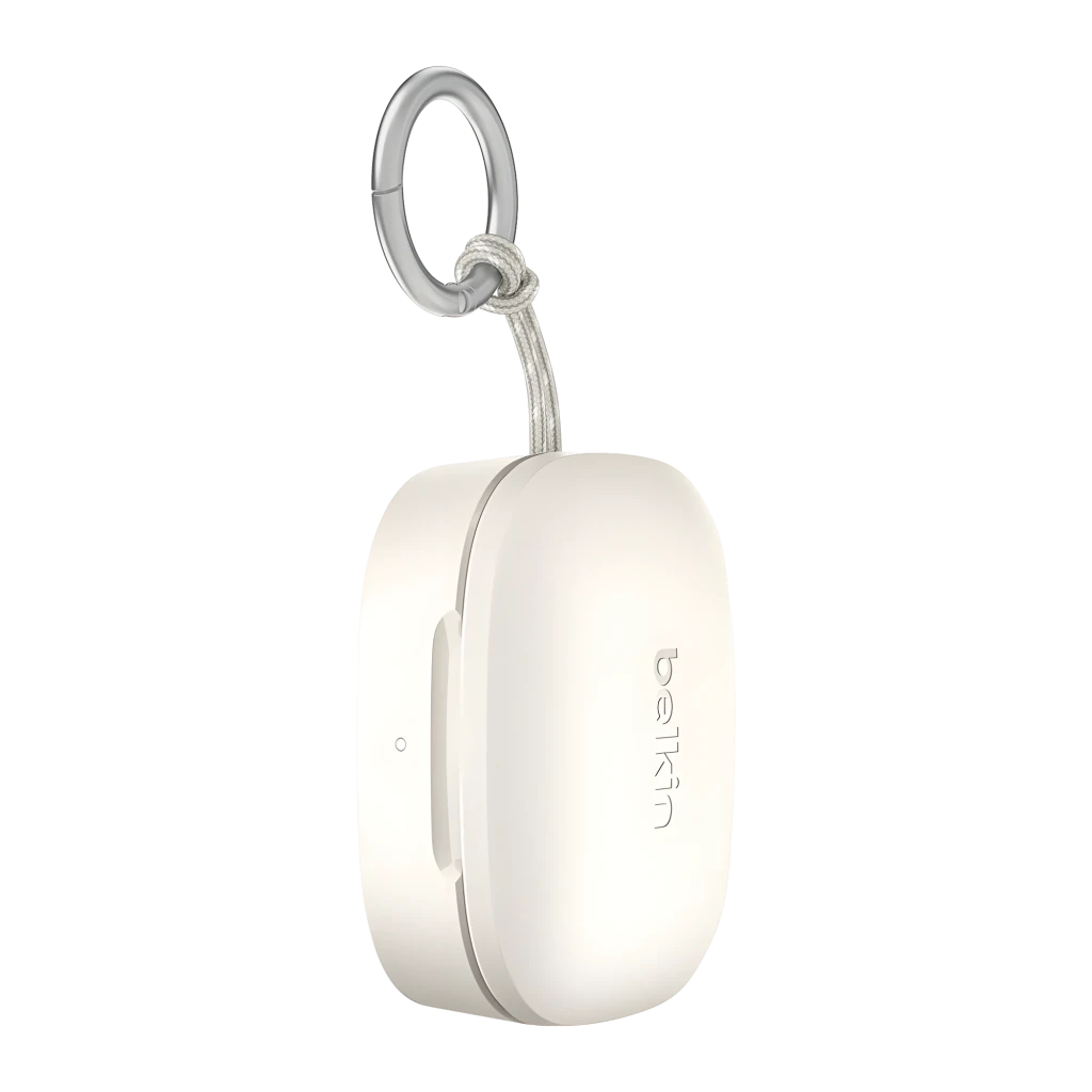 Belkin SoundForm Anywhere Branco, vista detalhe: estojo aberto com pinos de carga, auriculares e mosquetão lateral - Item6