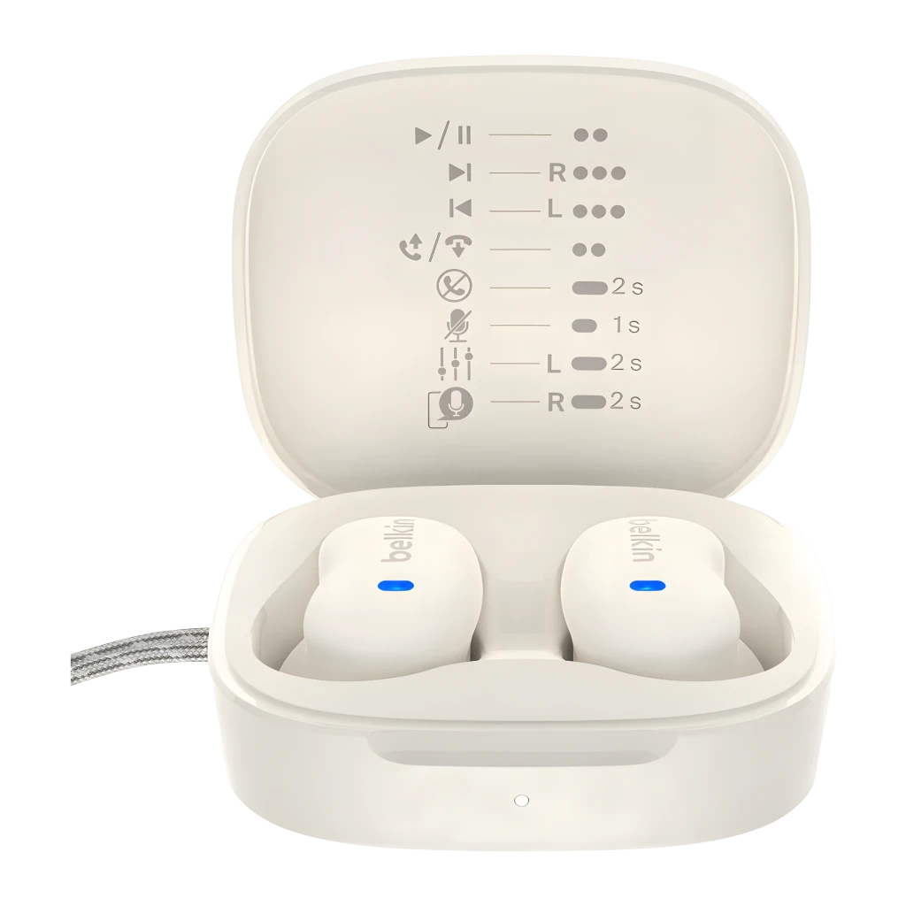 Belkin SoundForm Anywhere Branco, vista detalhe: estojo aberto com pinos de carga, auriculares e mosquetão lateral - Item7