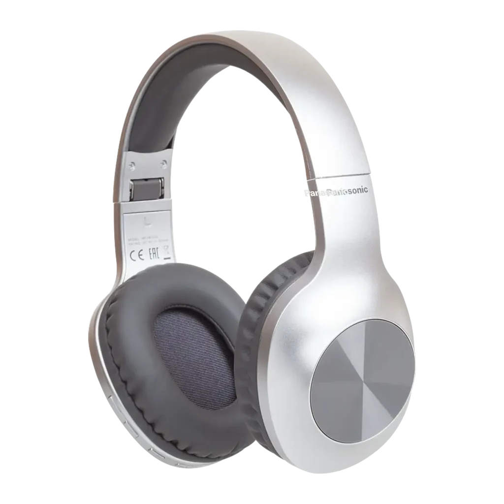 Panasonic RB-HX220B Bluetooth plateados, vista en ángulo: cápsula derecha con disco metálico concéntrico y almohadilla gris - Ítem1