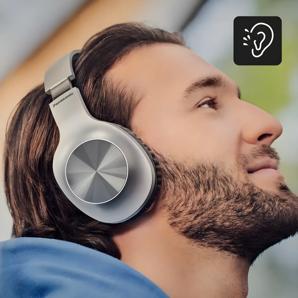 Panasonic RB-HX220B Bluetooth plateados, vista en ángulo: cápsula derecha con disco metálico concéntrico y almohadilla gris - Ítem6
