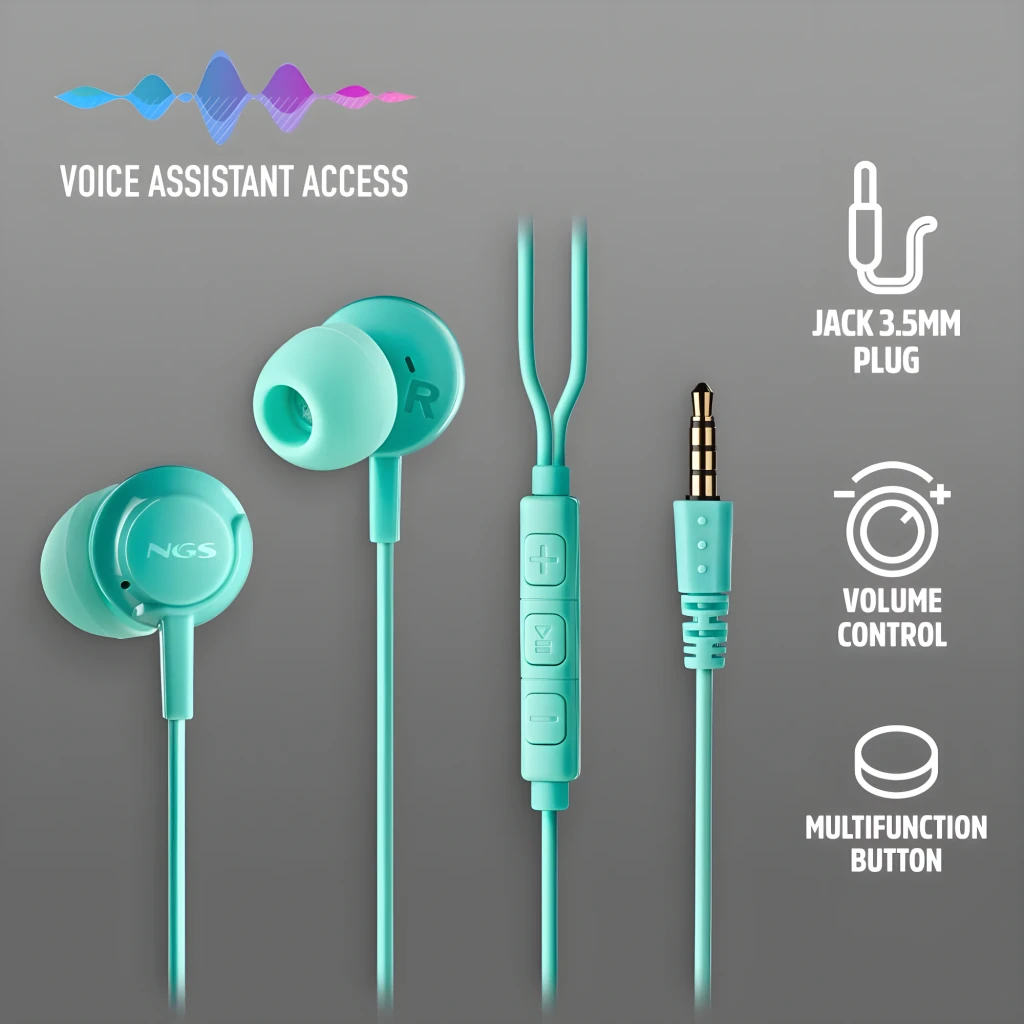 NGS Auriculares Cross Drift Menta, vista detalle: auriculares in-ear con cable, mando de 3 botones y jack dorado - Ítem5