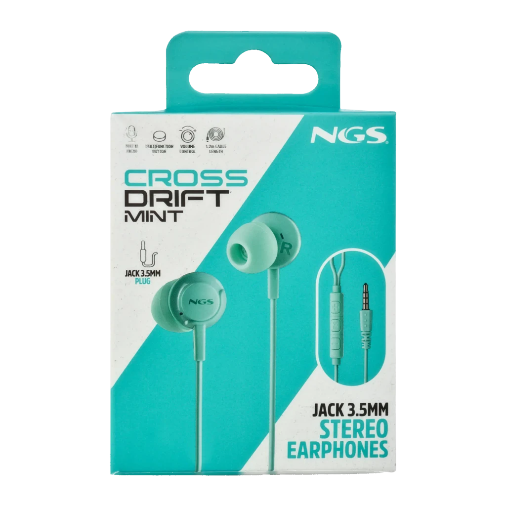 NGS Auriculares Cross Drift Menta, vista detalle: auriculares in-ear con cable, mando de 3 botones y jack dorado - Ítem8