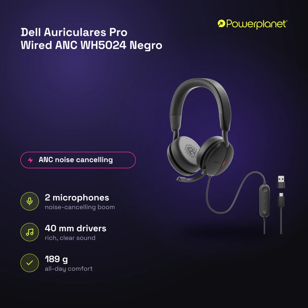 Dell Casque Pro Wired ANC WH5024 noir, kit en angle: casque avec micro, télécommande en ligne, connecteur USB-A et - Ítem8