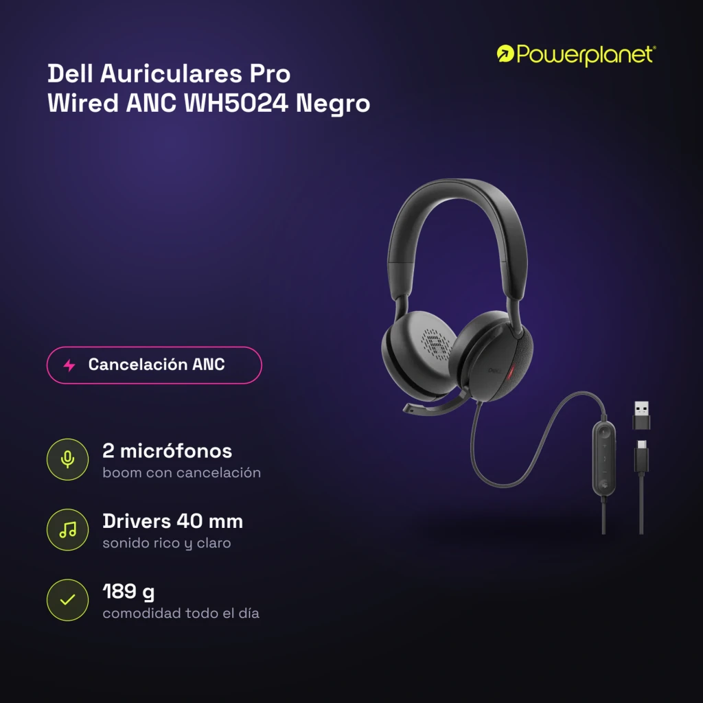 Dell Casque Pro Wired ANC WH5024 noir, kit en angle: casque avec micro, télécommande en ligne, connecteur USB-A et - Ítem5