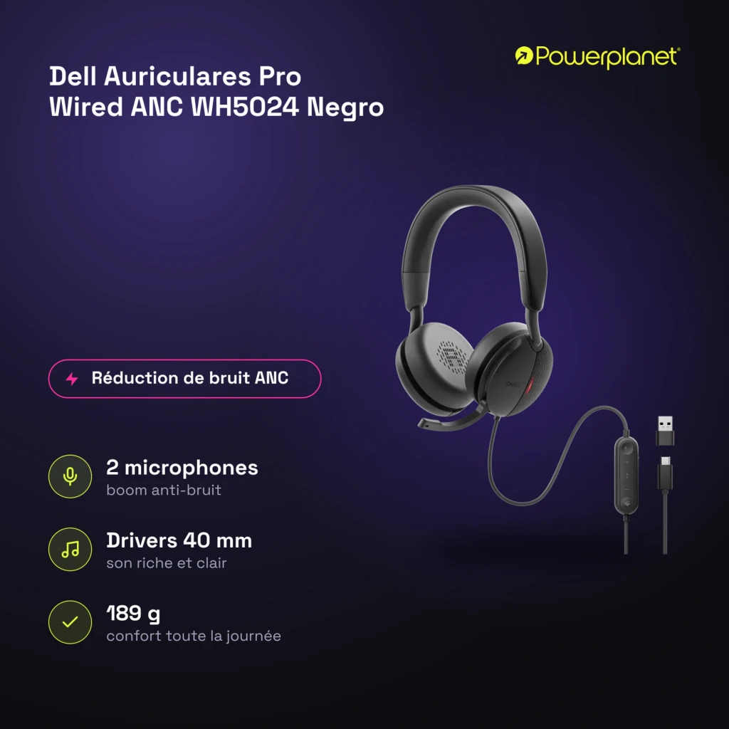 Dell Casque Pro Wired ANC WH5024 noir, kit en angle: casque avec micro, télécommande en ligne, connecteur USB-A et - Ítem7