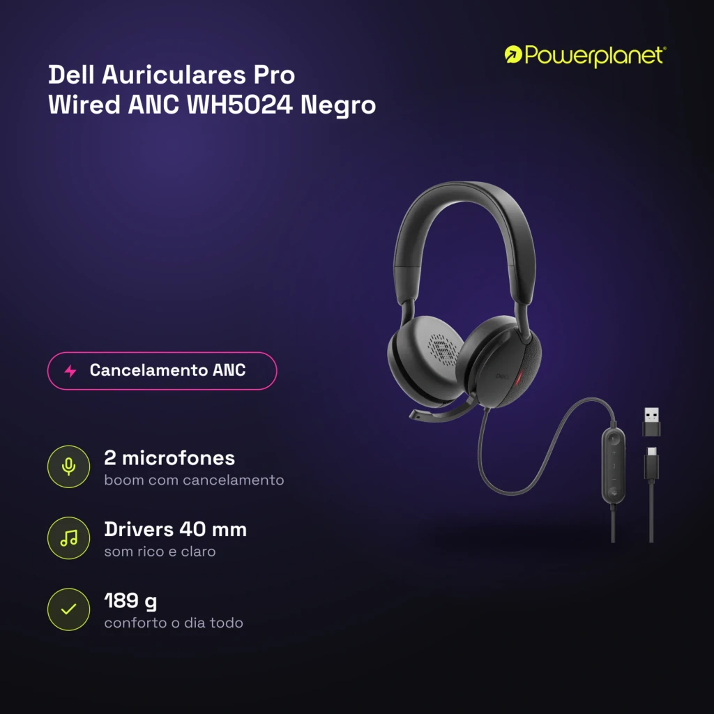Dell Casque Pro Wired ANC WH5024 noir, kit en angle: casque avec micro, télécommande en ligne, connecteur USB-A et - Ítem6