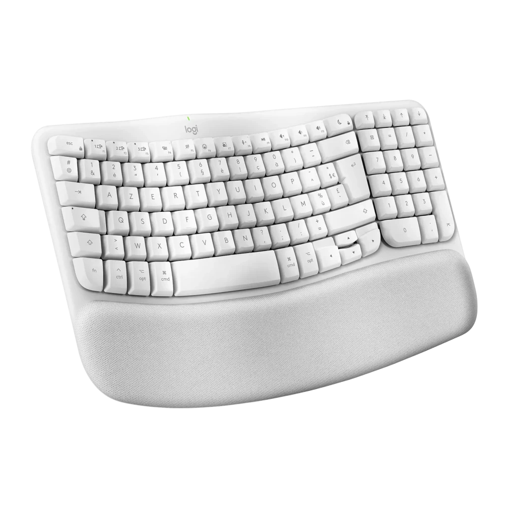 Logitech Wave Keys for Mac blanc, vue de dessus: disposition ergonomique ondulée, pavé numérique et repose-poignets rembourré - Ítem1