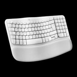 Logitech Wave Keys for Mac branco, vista em perspectiva: ângulo frontal-lateral mostrando curvatura das teclas e apoio de