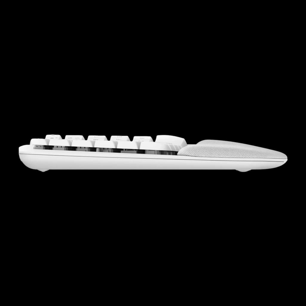 Logitech Wave Keys for Mac branco, vista lateral: perfil fino com inclinação ergonômica e apoio de pulso acolchoado na frente