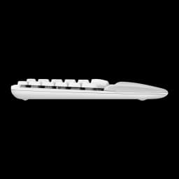 Logitech Wave Keys for Mac branco, vista lateral: perfil fino com inclinação ergonômica e apoio de pulso acolchoado na frente