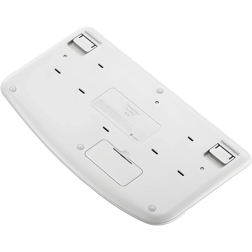 Logitech Teclado Wave Keys for Mac Branco, vista inferior: base com pés dobráveis, compartimento de pilhas e etiqueta