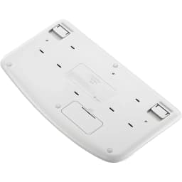 Logitech Teclado Wave Keys for Mac Branco, vista inferior: base com pés dobráveis, compartimento de pilhas e etiqueta