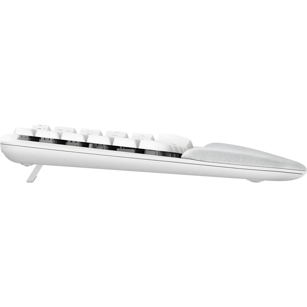 Logitech Wave Keys for Mac Branco, vista lateral: perfil ergonómico ondulado, apoio de pulso acolchoado e pés inclinadores