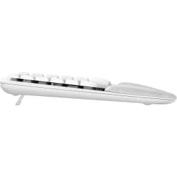 Logitech Wave Keys for Mac Branco, vista lateral: perfil ergonómico ondulado, apoio de pulso acolchoado e pés inclinadores