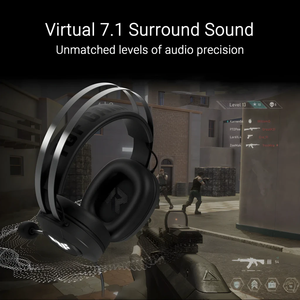 ASUS TUF Gaming H1 Gen II preto, vista lateral esquerda: logo TUF no auricular, microfone boom e arco prateado - Item10