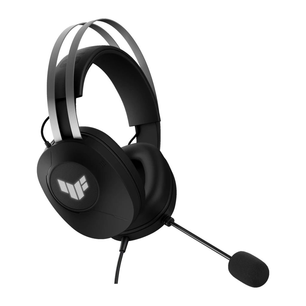 ASUS TUF Gaming H1 Gen II preto, vista lateral esquerda: logo TUF no auricular, microfone boom e arco prateado - Item1